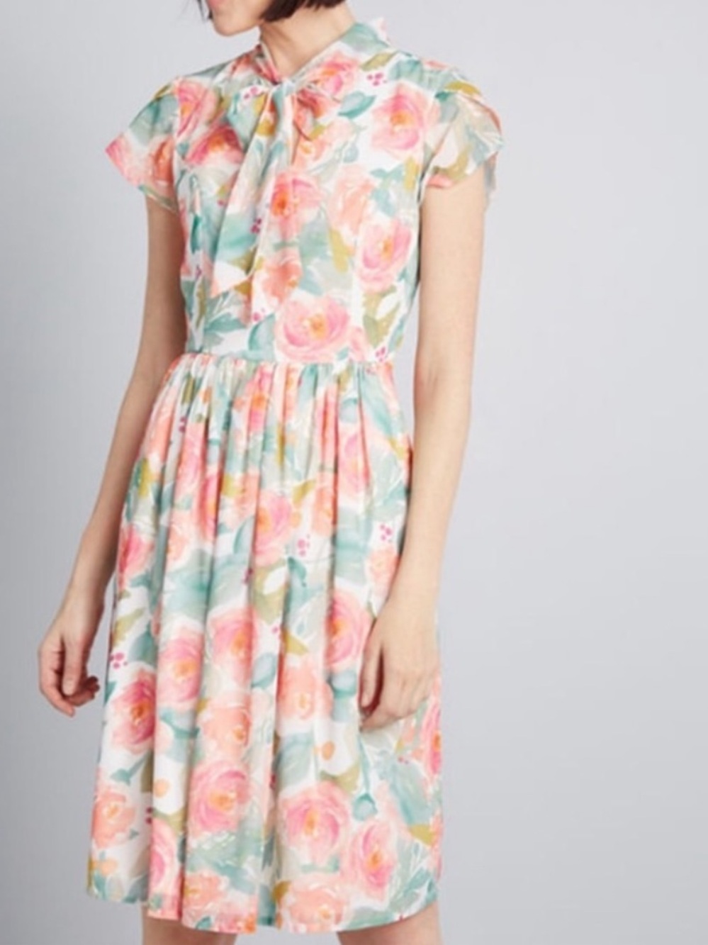 ModCloth Floral Pastel Midi V Neck Dress Medium